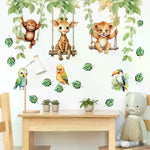sticker mural animal jungle singe girafe lion balançoire feuilles multicolore chambre enfant