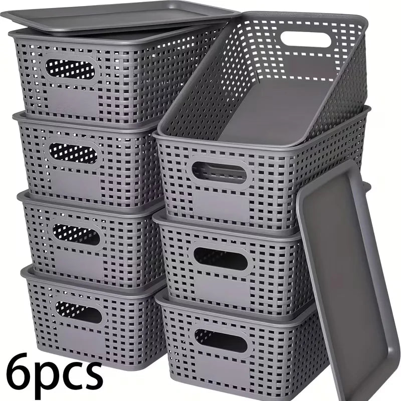 rangements pliables paniers plastique tressé gris noir couvercles poignées moderne minimaliste