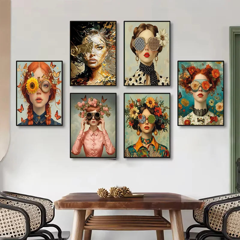 tableau toile art fleurs papillons lunettes moderne décoration mur salon cadre bois