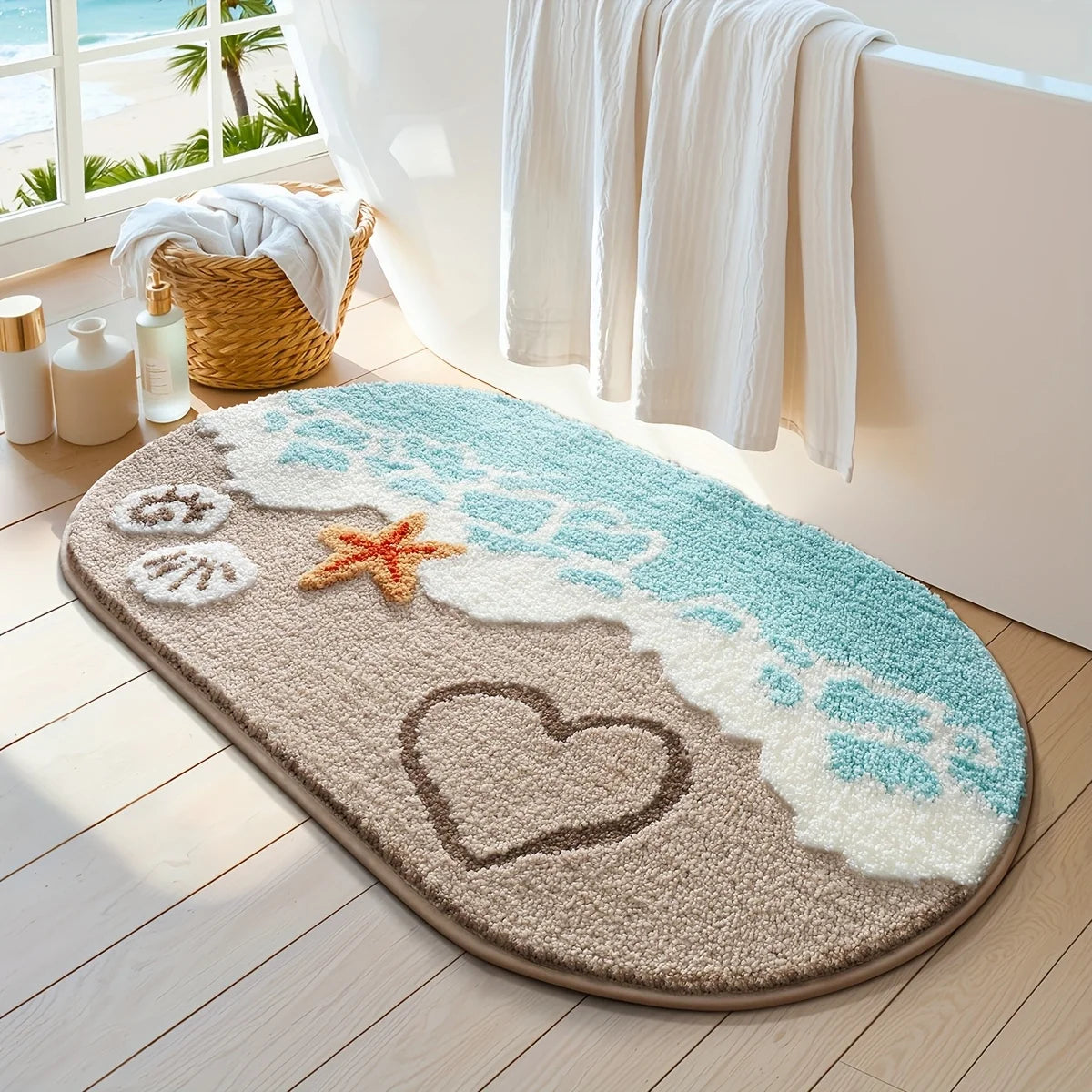 tapis bain imperméable coeurs vague bleu clair moderne décoration coquillages étoiles mer adultes chambre