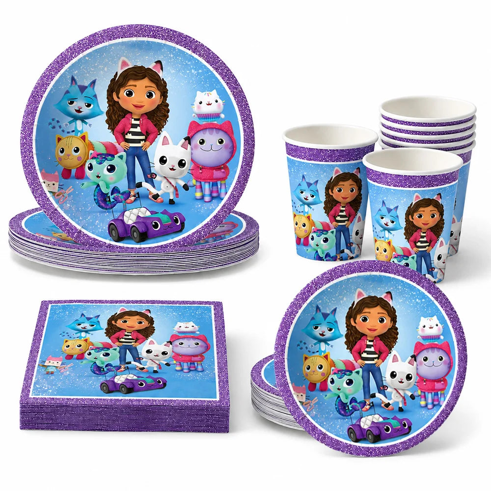assiettes serviettes tasses nappe fête anniversaire enfantines violet bleu blanc decorative