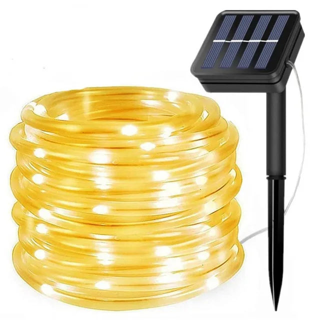 guirlande lumineuse solaire 30m blanc chaud filament fibre optique moderne