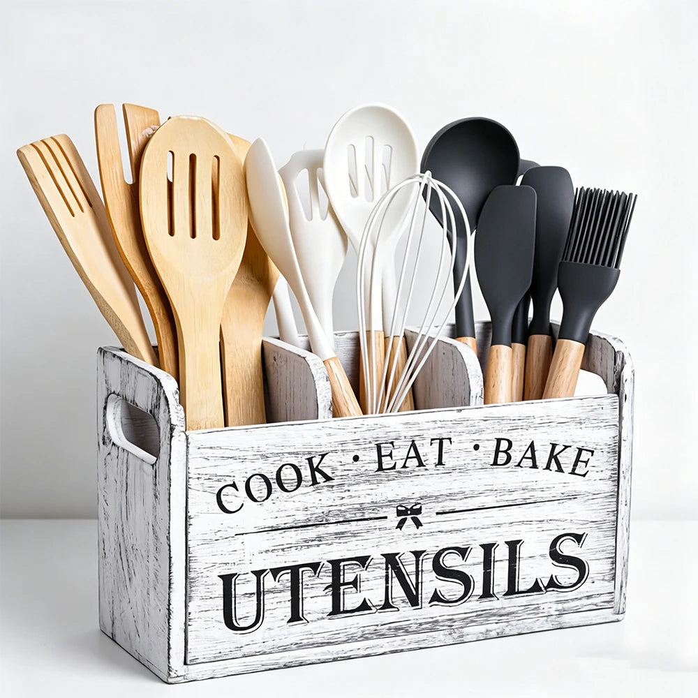boîte ustensiles cuisine blanc vintage imprimé cook eat bake rustique multifonctionnelle