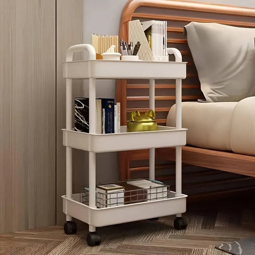 chariot rangement blanc moderne trois niveaux roulettes blocage poignées rangement élégant livres boîtes bouteilles