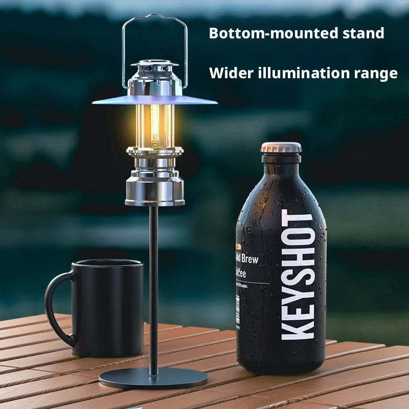 lampe camping portable rechargeable bleu retro abatjour translucide argentéextérieur ambiance effet flamme