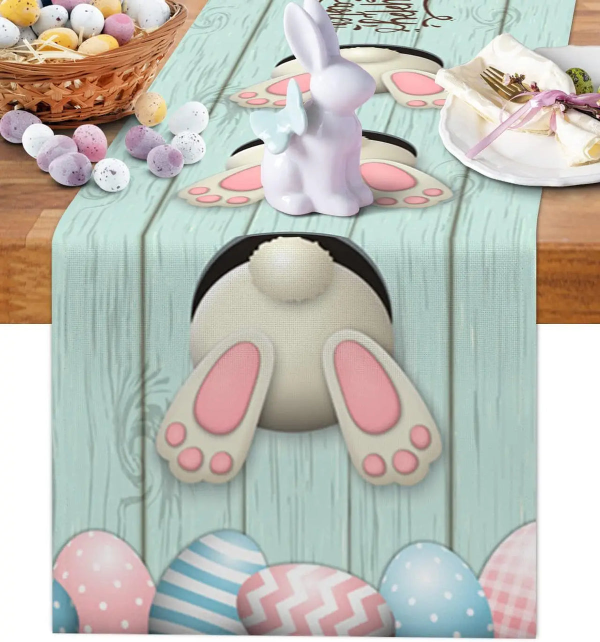 table pâques lapins fleurs happy easter multicolore rectangulaire festive imperméable polyester déco festive