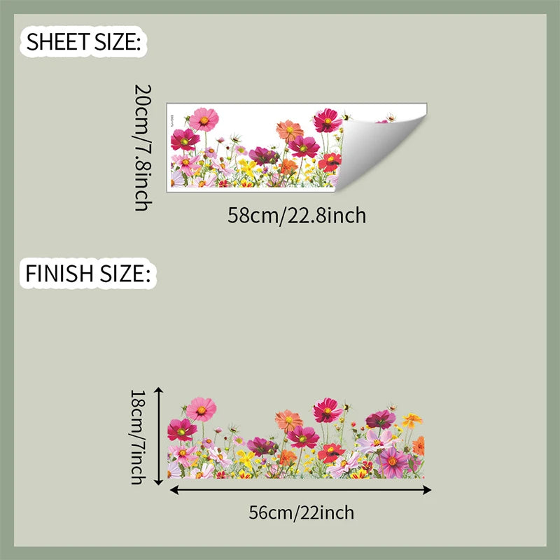 décoration fenêtre stickers fleurs colorées herbe nuages bois adhésif champêtre floral vases plantes