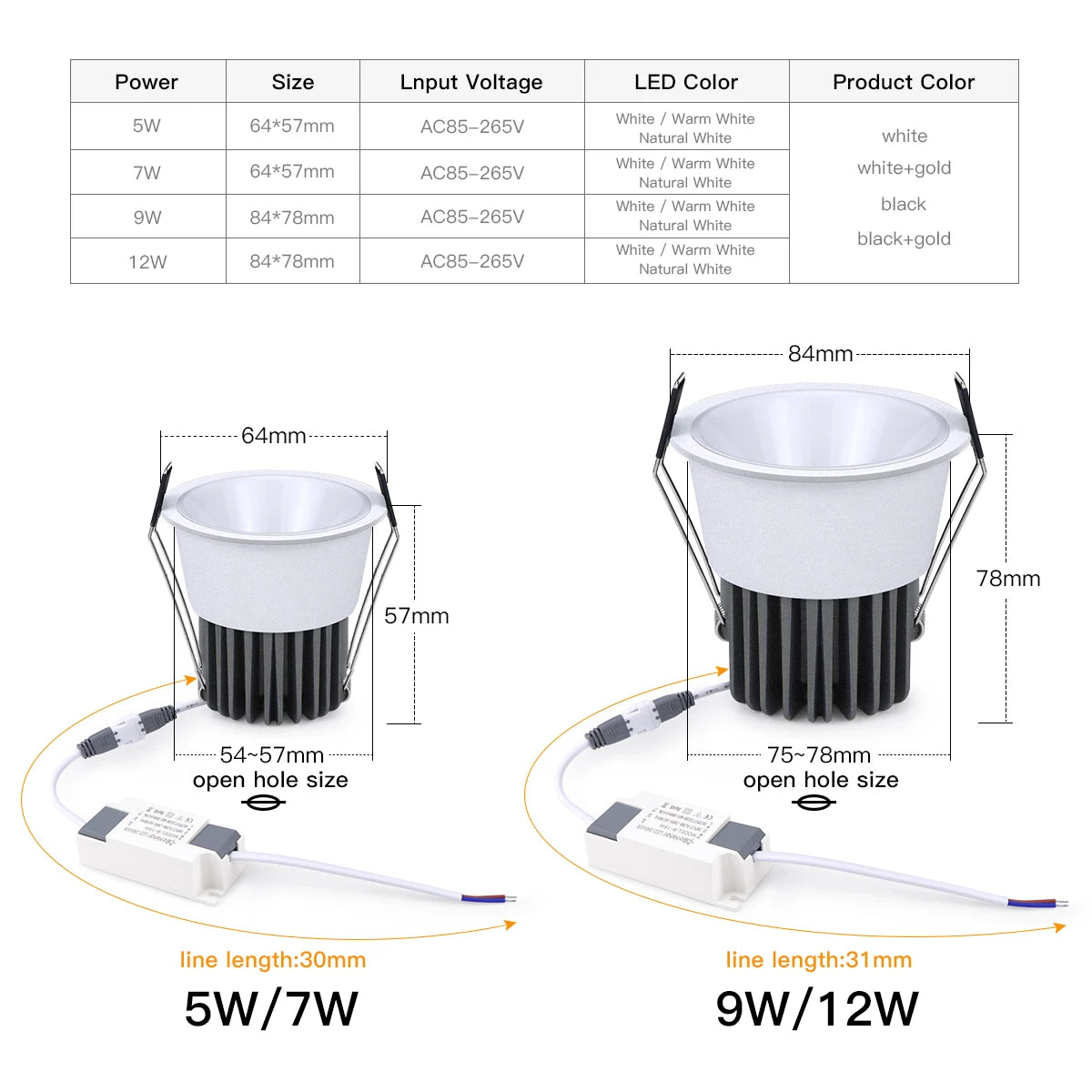 Spot LED 12W Noir Blanc Or moderne minimaliste aluminium flux lumineux chambre