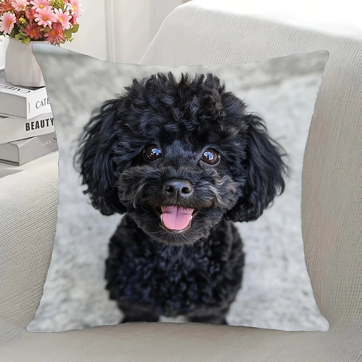 housse coussin imprimé chien orange noir polyester moderne décoration chambre voiture 45x45cm opaque