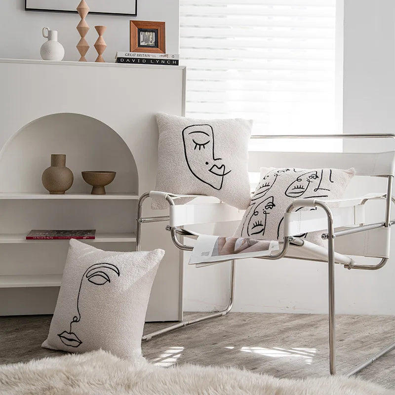 coussin abstrait brodé visages blanc moderne nordique 45x45cm decoration canapé chaise véhicule