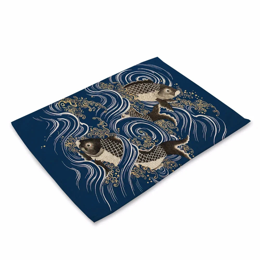 tapis table art japonais traditionnel fleurs motifs géométriques bleu vert rouge beige