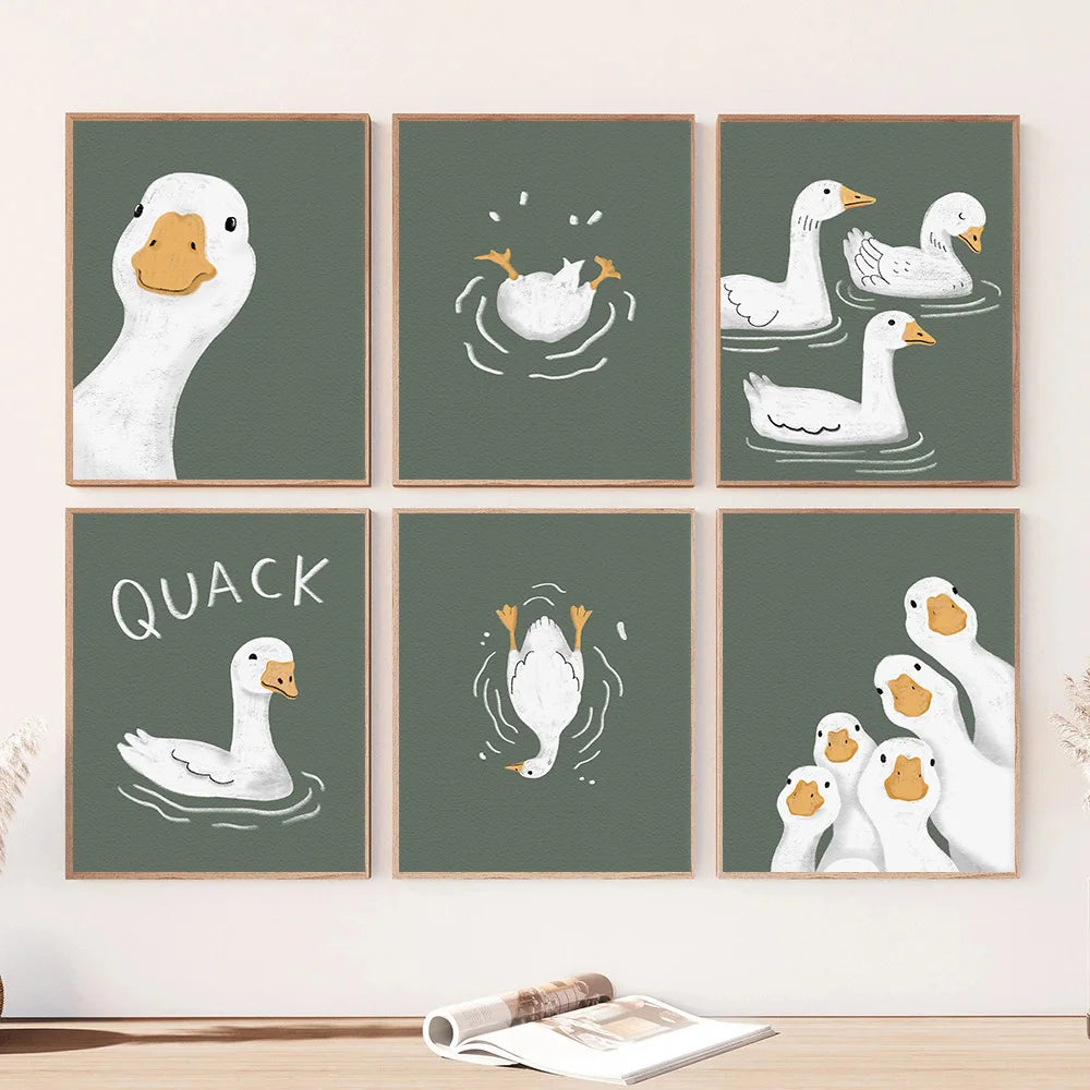 décoration murale aquarelle canards quack illustration minimaliste vert olive chambre salon erotique