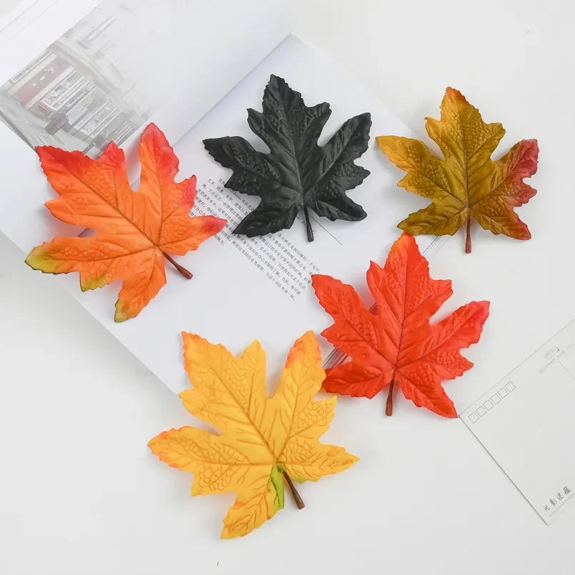 feuilles erable artificielles soie couleur automne orange rouge jaune decoration exterieur naturelle detaillee festive