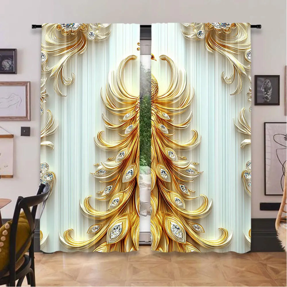 rideaux blanc doré plumes paon strass élégants chambre salon 100 polyester classique
