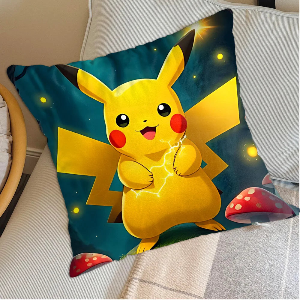housse coussin carrée jaune motif pokemon pikachu décorative salon chambre lit enfant coton