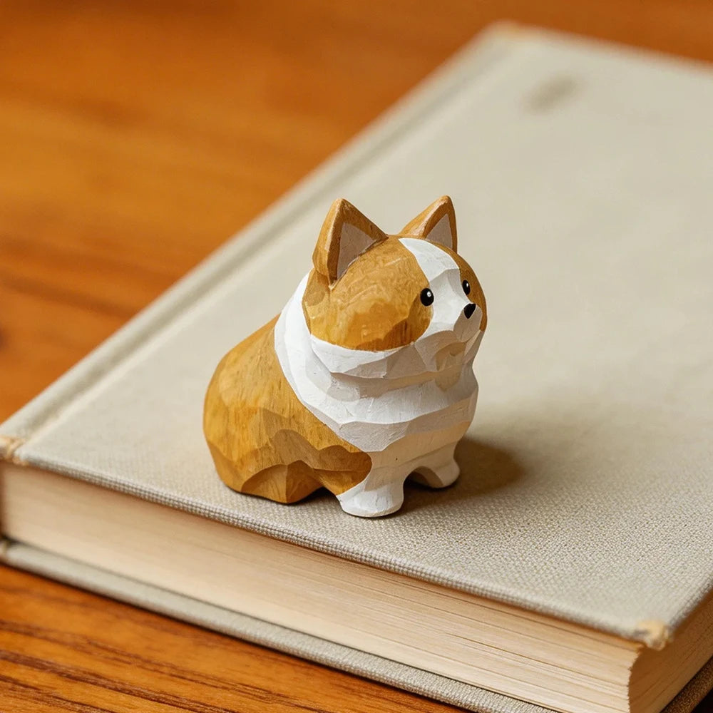 statue chien corgi bois artisanal marron clair blanc geometrique anneau chainette chambre deco noel