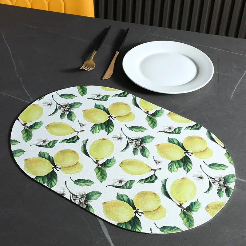tapis table moderne fleurs feuilles citrons blanc vert jaune rouge beige