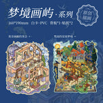 sticker vintage steampunk puzzle livre ouvert illustration détaillée personnages bâtiments floral multicolore enfants