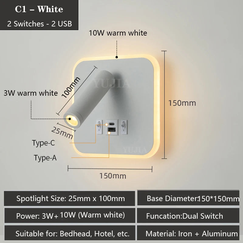 lampe murale multifonctionnelle moderne rechargeable usb noir blanc bronze laiton
