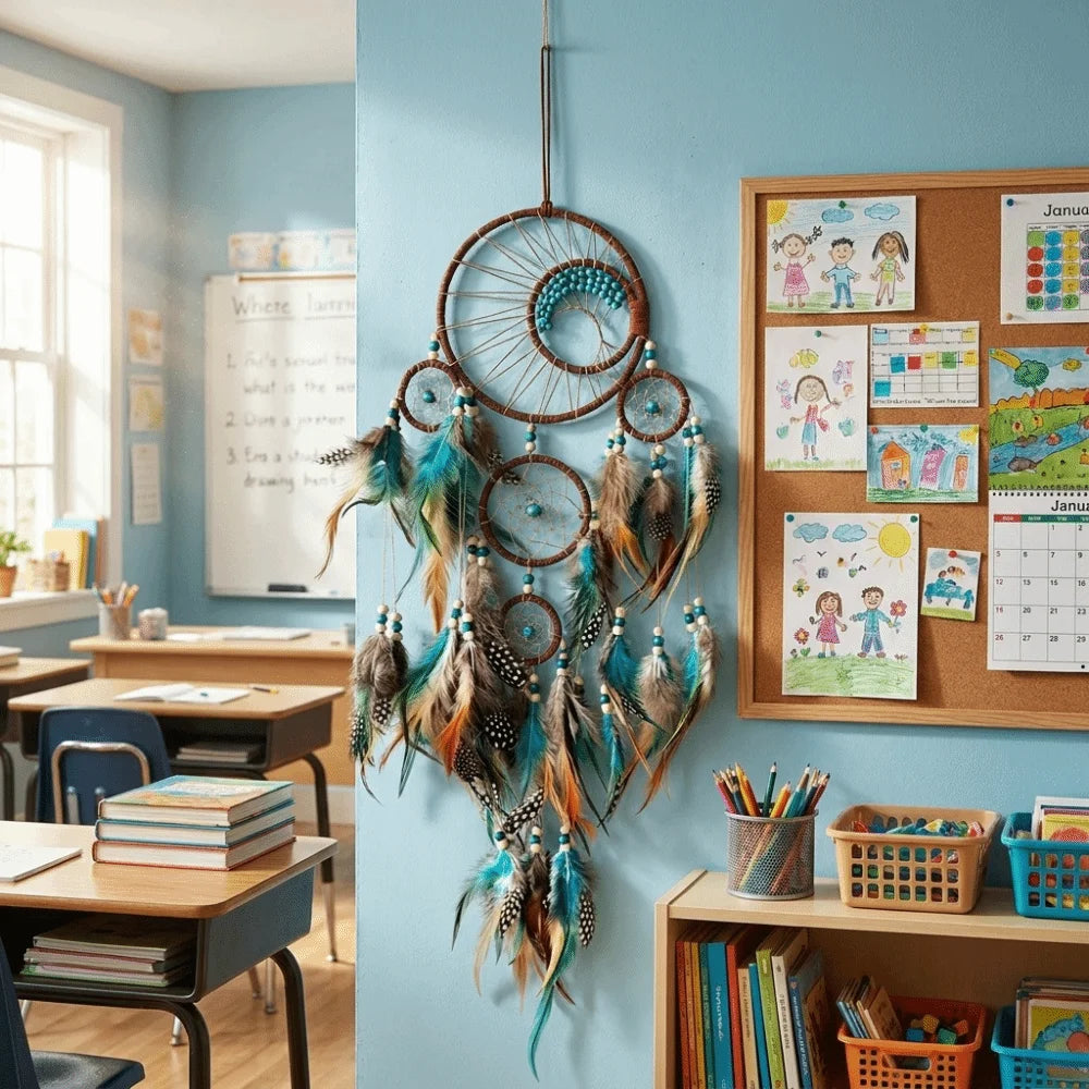 décoration murale attrape rêves boho chic plumes colorées textiles marron bleu gris