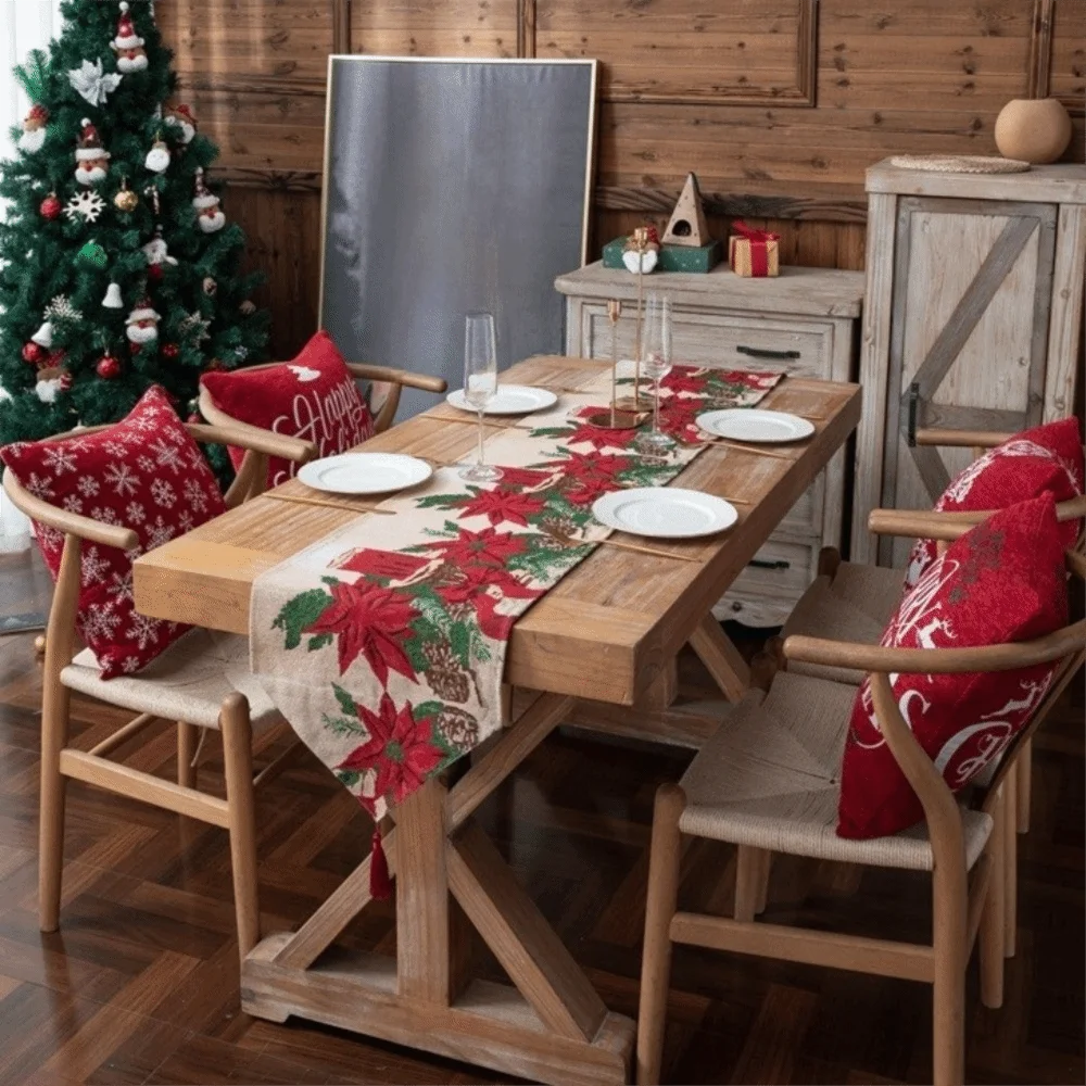 table table noël fleurs poinsettia feuilles vertes bordure dorée classique festif blanc rouge vert