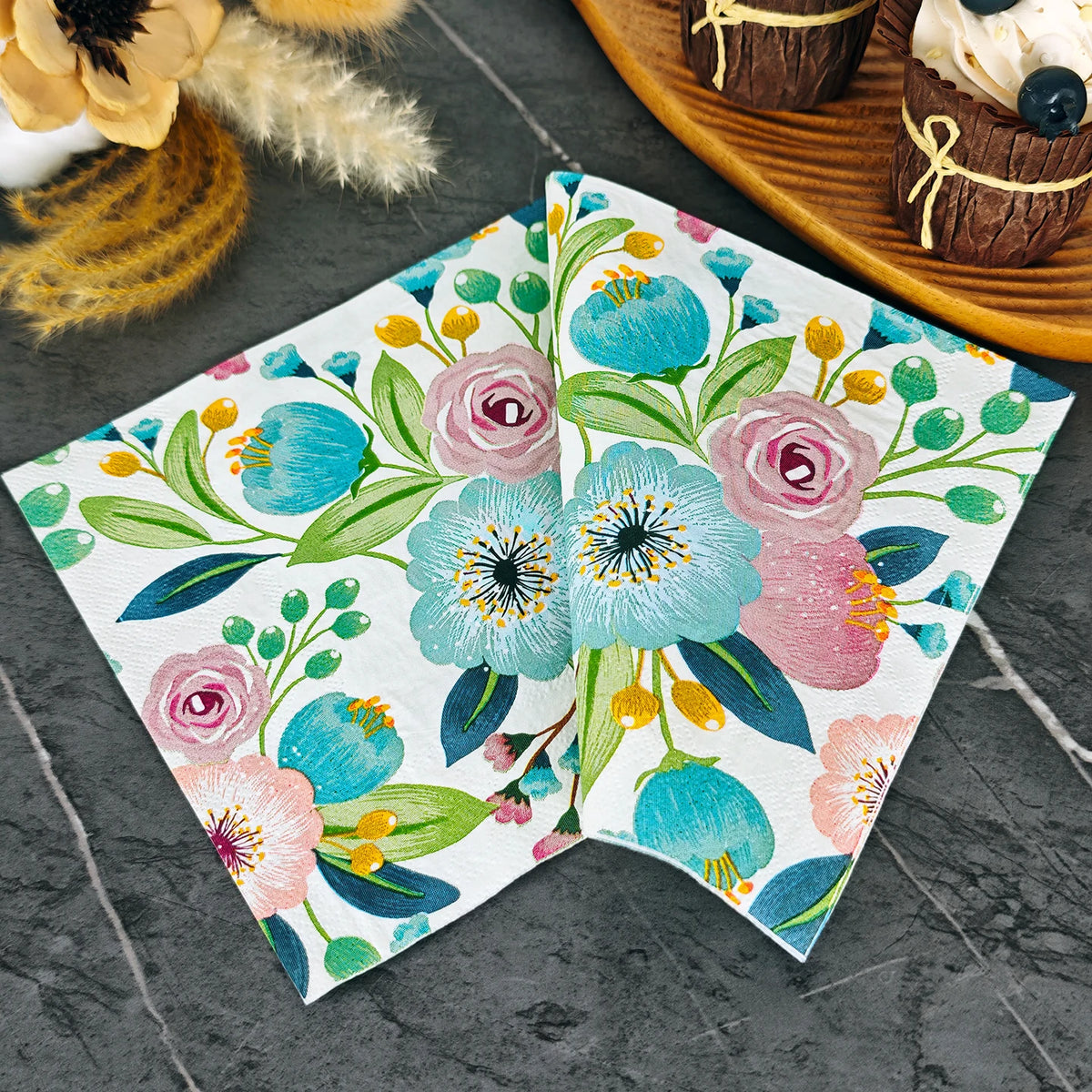 serviettes papier fleur aquarelle blanc rose bleu turquoise vert printanier