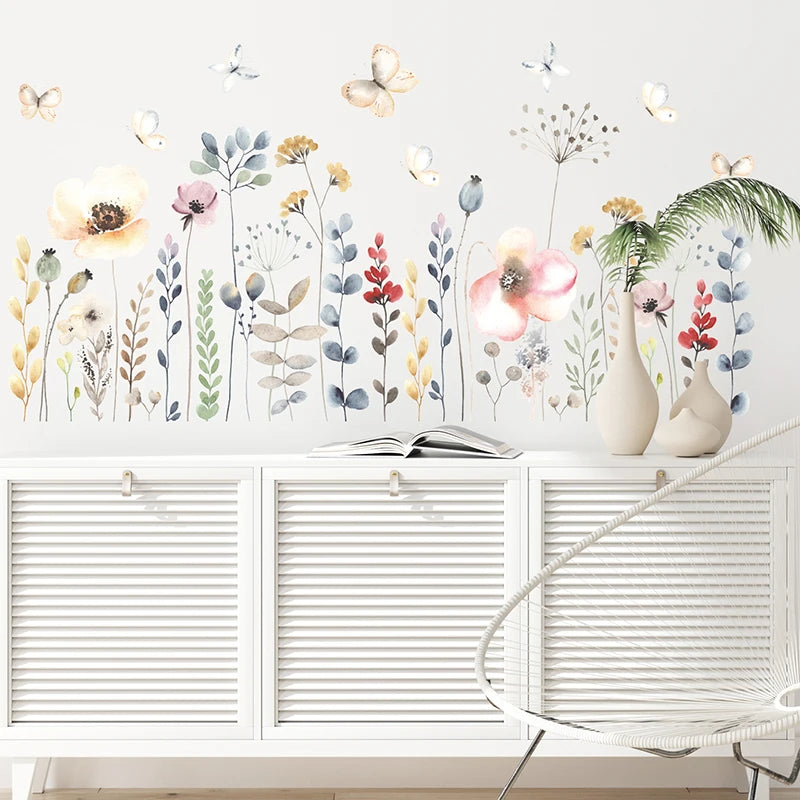 sticker mural floral multicolore illustration adhésif papillon deco maison chambre salon