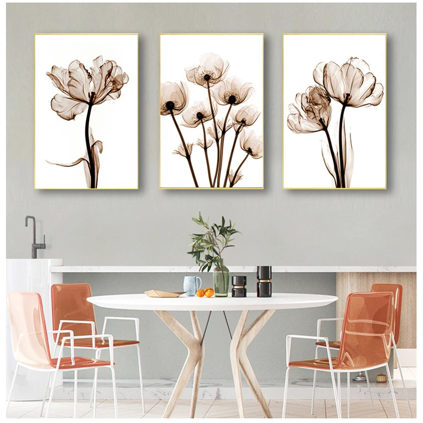 tableau toile art fleurs abstraites moderne cadre doré décoration murale salon beige blanc