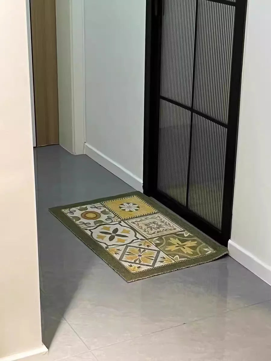 tapis extérieur antidérapant imperméable résistant bactéries motifs floraux couleurs classiques vert olive blanc