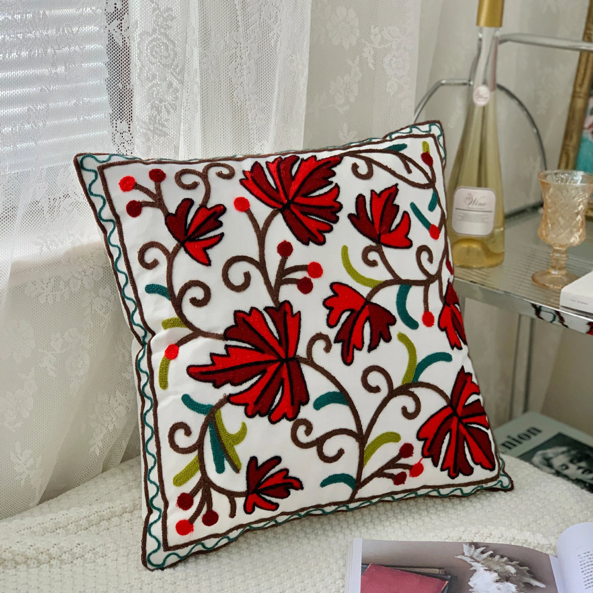 taies d'oreiller coton polyester ethnique floral brodées couleurs vives motifs géométriques coussins deco 45x45cm
