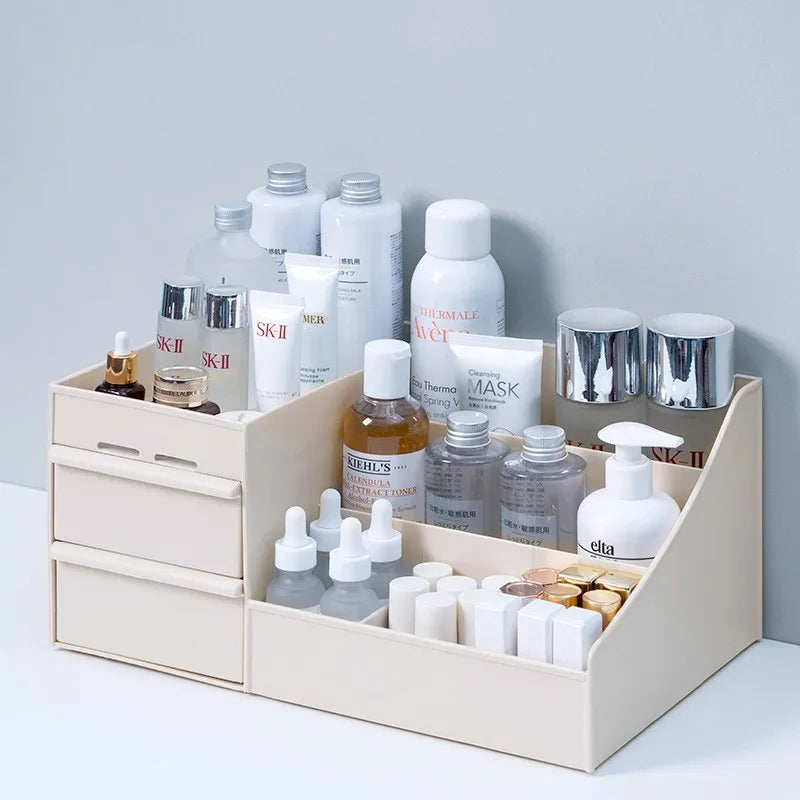 organisateur maquillage tiroirs rangement produits beauté blanc rose minimaliste moderne