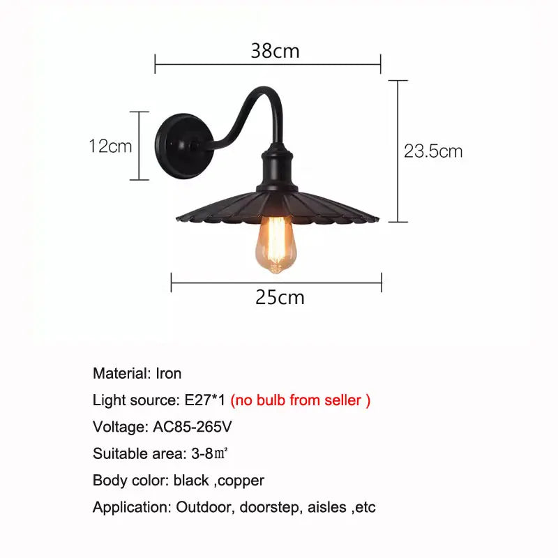 lampe murale extérieure vintage noir cuivre plissée industrielle E27 220V 110V 90260V