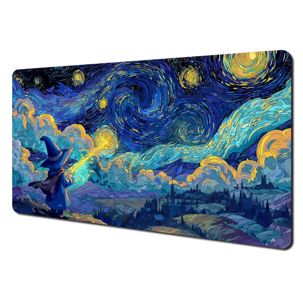 tapis souris antidérapant bleu jaune blanc peinture van gogh nuages étoiles sorcier durable gaming