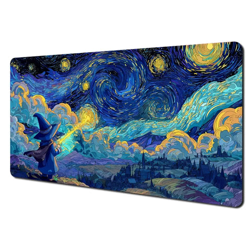 tapis souris antidérapant bleu jaune blanc peinture van gogh nuages étoiles sorcier durable gaming