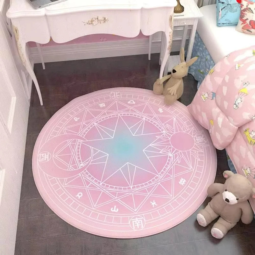 tapis rond moderne rose pastel bleu pastel gris géométrique symboles orientaux antidérapant durable decoration