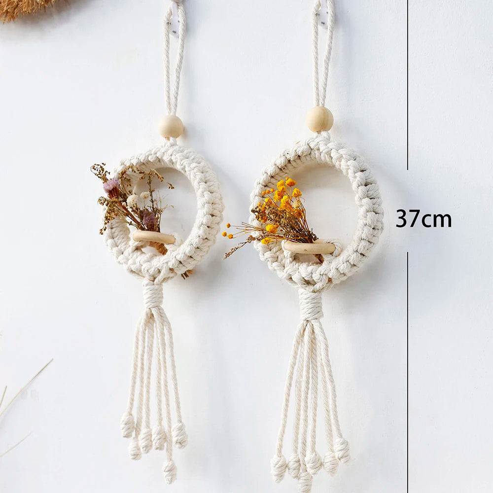 décoration boho macramé blanc tissé main boules bois fleurs séchées planter suspendu