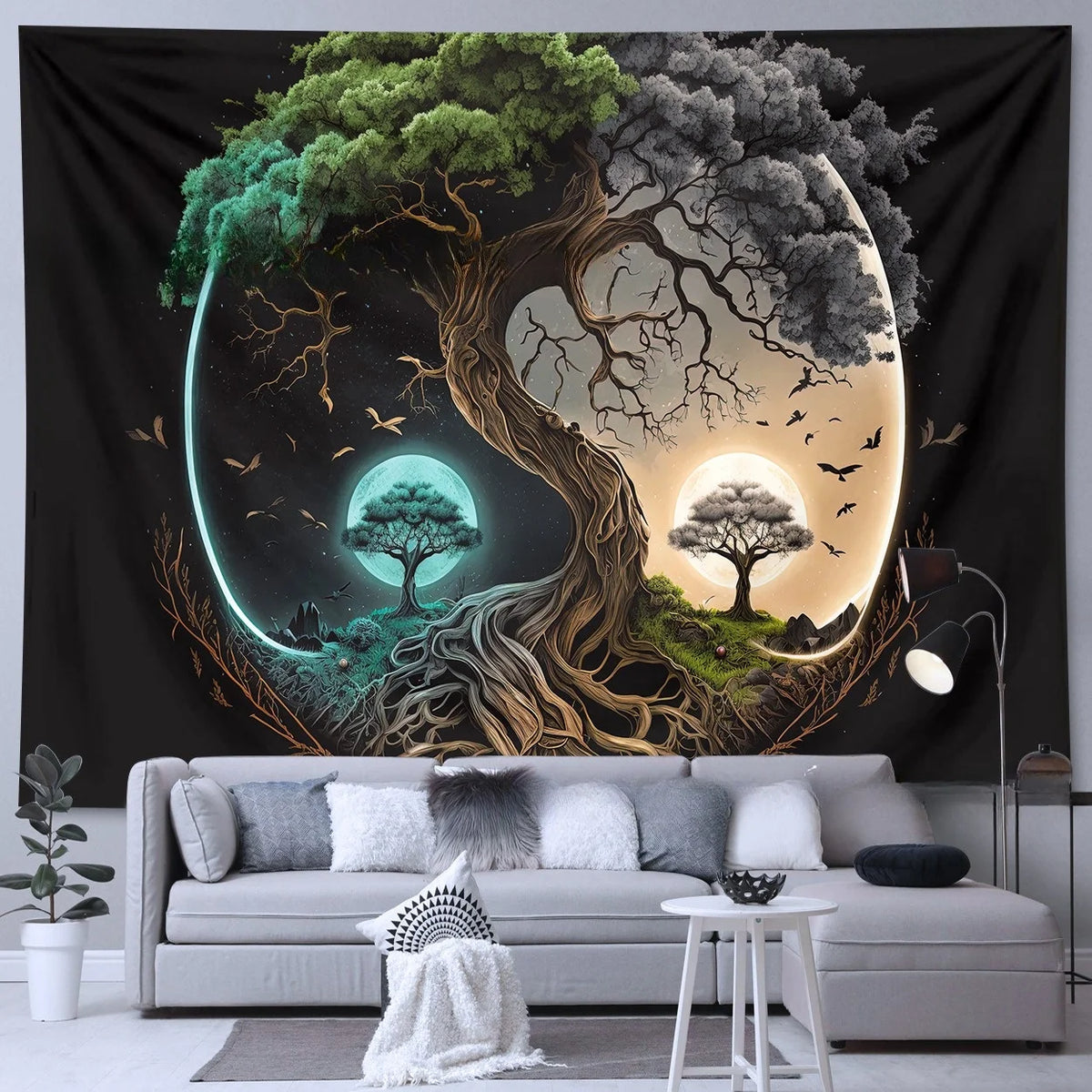 tapisserie murale contemporaine arbre feuilles oiseaux paysage noir vert gris bleu doré