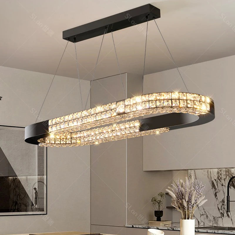 suspension lumineuse moderne cristaux géométriques noir transparent éclairage intérieur chaînes rc dimmable