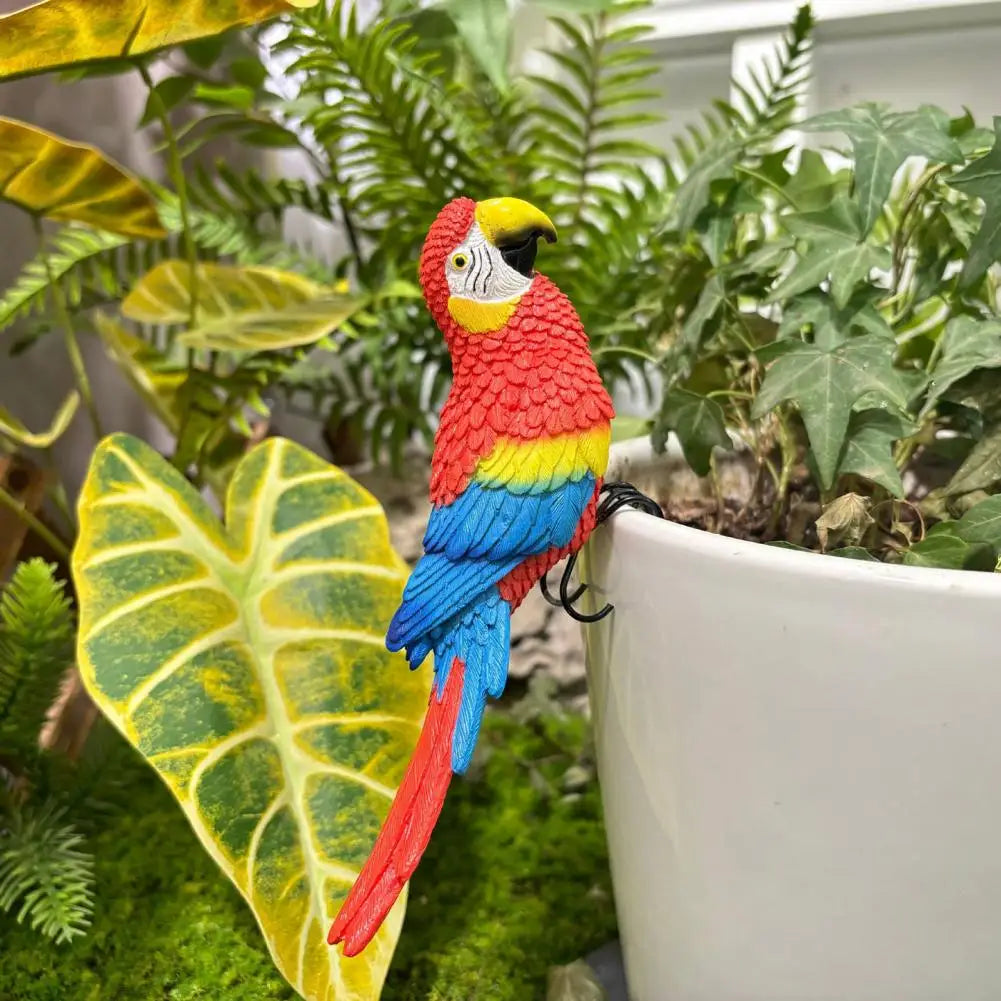statuette perroquet résine couleurs vives plumes décoratif tropical pot fleurs