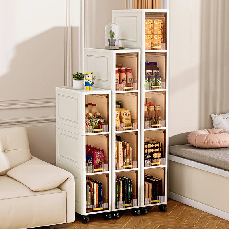 rangement mobile multi niveaux blanc transparent moderne roulettes echangement visible