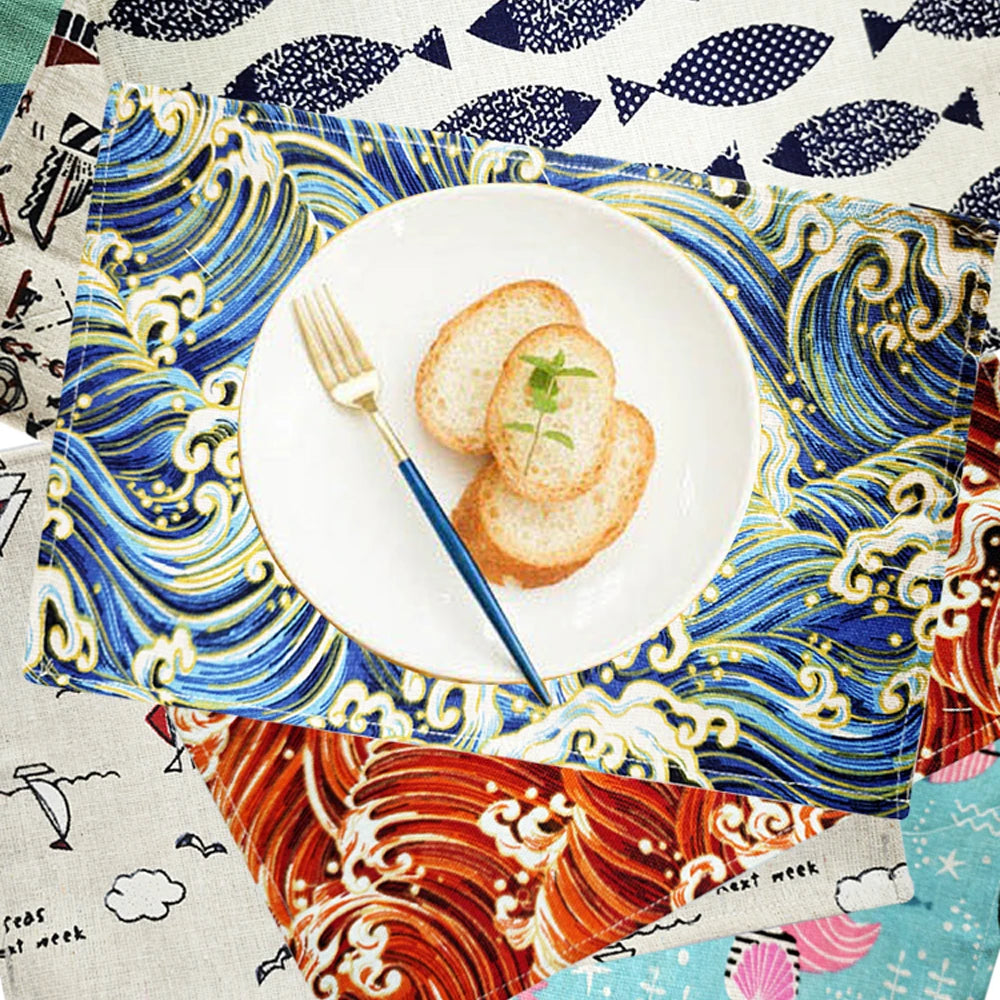 serviettes table tissu coton polyester motif océan poisson sirène marine moderne bleu