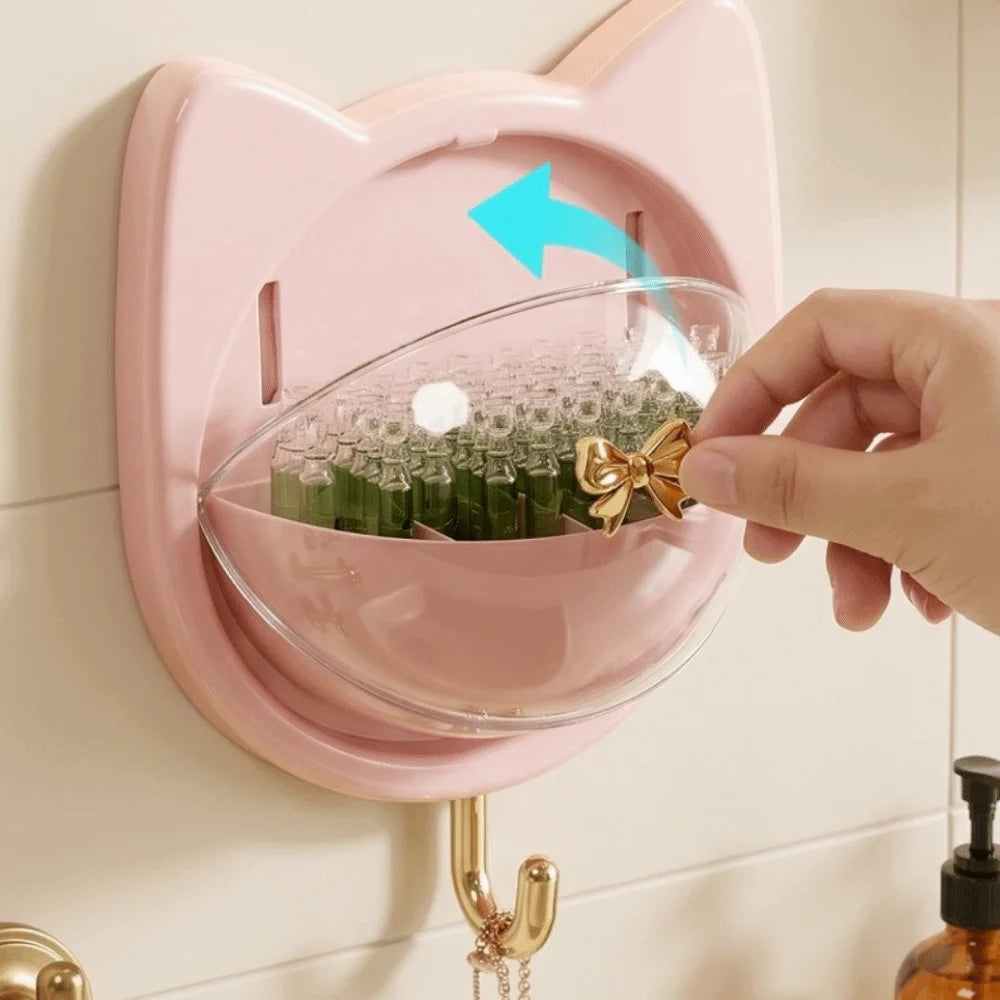 boîte rangement mural oreilles chat transparent réutilisable moderne salle bain maquillage vert rose beige