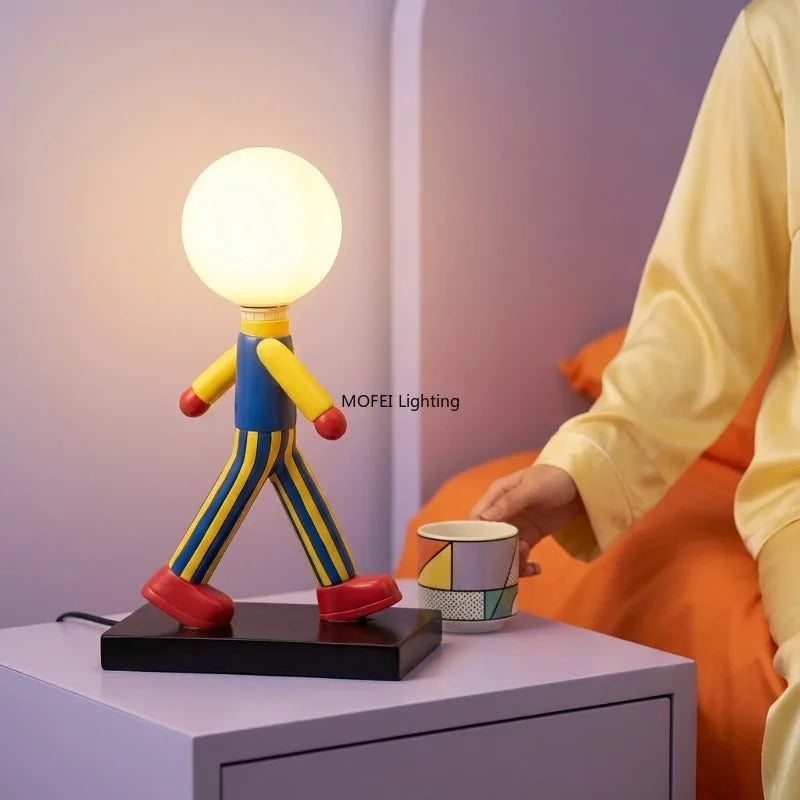 lampe table moderne rayures horizontales bleu jaune rouge base noire lumière blanche 6000k 3000k