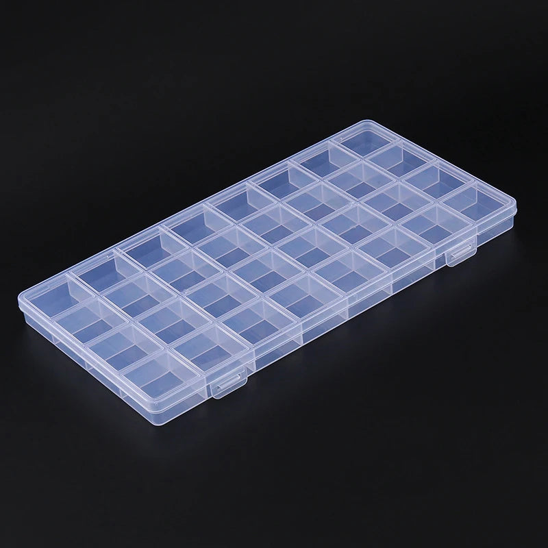 boîte rangement transparente compartiments grille bijoux organisation pratique vis bleu blanc