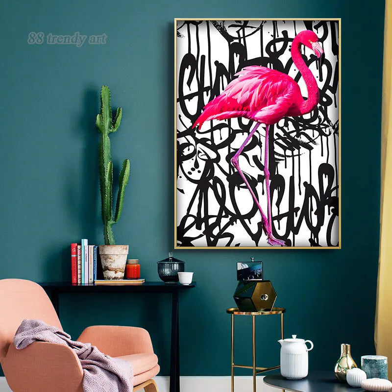 tableau abstrait flamant rose calligraphies noires deco moderne oiseau animal compagnie toile sans cadre