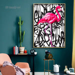 tableau abstrait flamant rose calligraphies noires deco moderne oiseau animal compagnie toile sans cadre