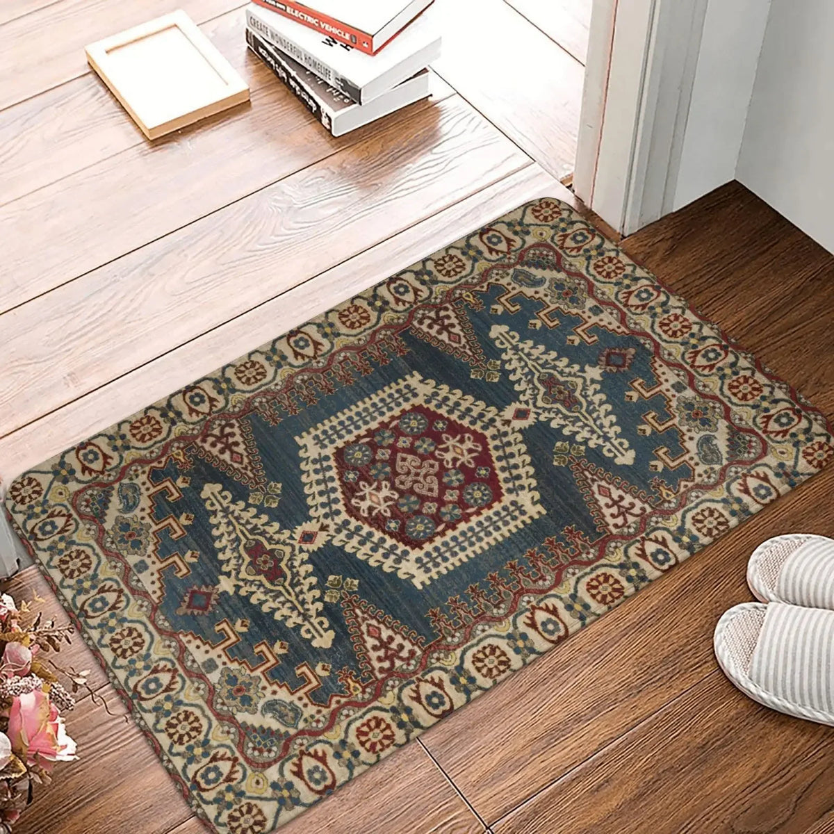 tapis ethnique traditionnel rouge bleu beige antidérapant intérieur extérieur doux porte sol cuisine