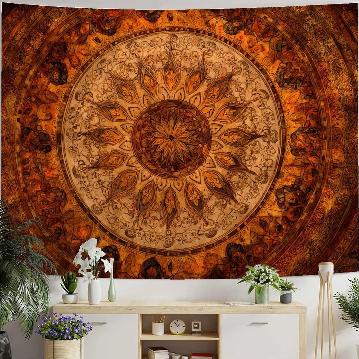 tapisserie bohème mandala orange marron chambre salon décoration murale ethnique scandinave