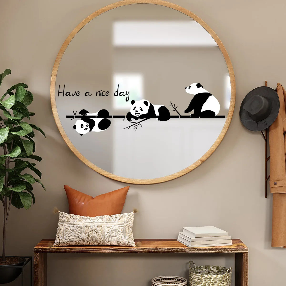 autocollant mural illustration pandas dessin animé have nice day noir blanc