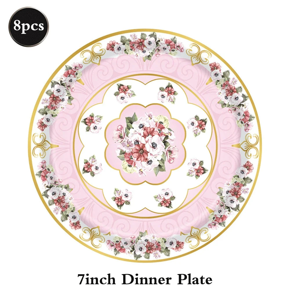 assiettes papier fleuries rose vert serviettes tasses bordure dorée classique vintage anniversaire fête mères